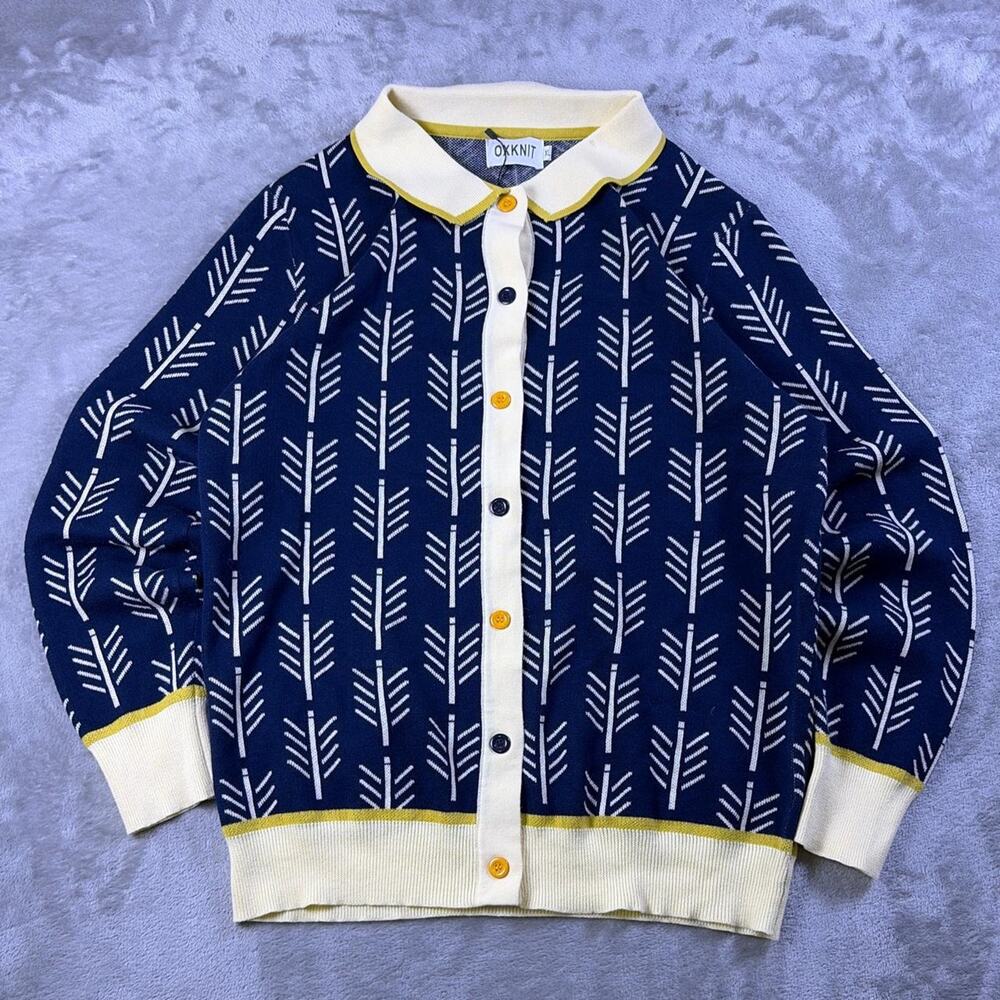 NWT OXKNIT Arrow Pattern Cotton Knit Cardigan XL Navy Cream Retro Mod